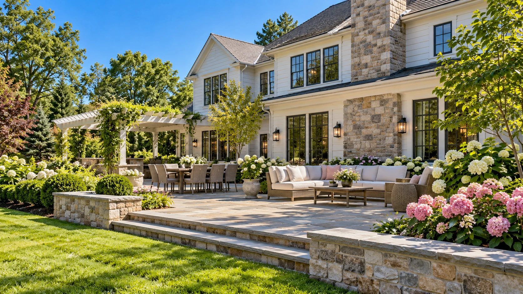 AI illustration: Landscaped backyard with hydrangeas and an outdoor seating terrace