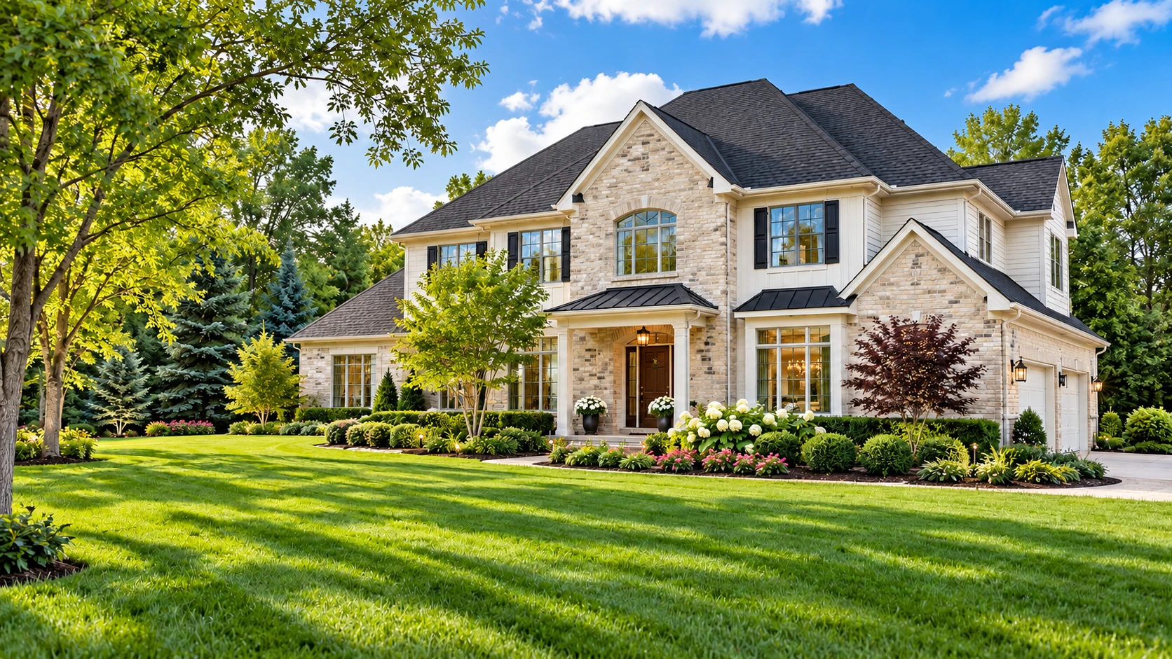 AI illustration: Sunlit stone and white-sided home with landscaped front garden