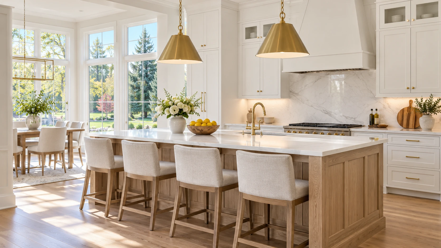 AI illustration: Light-filled white kitchen with an oak island and brass lighting