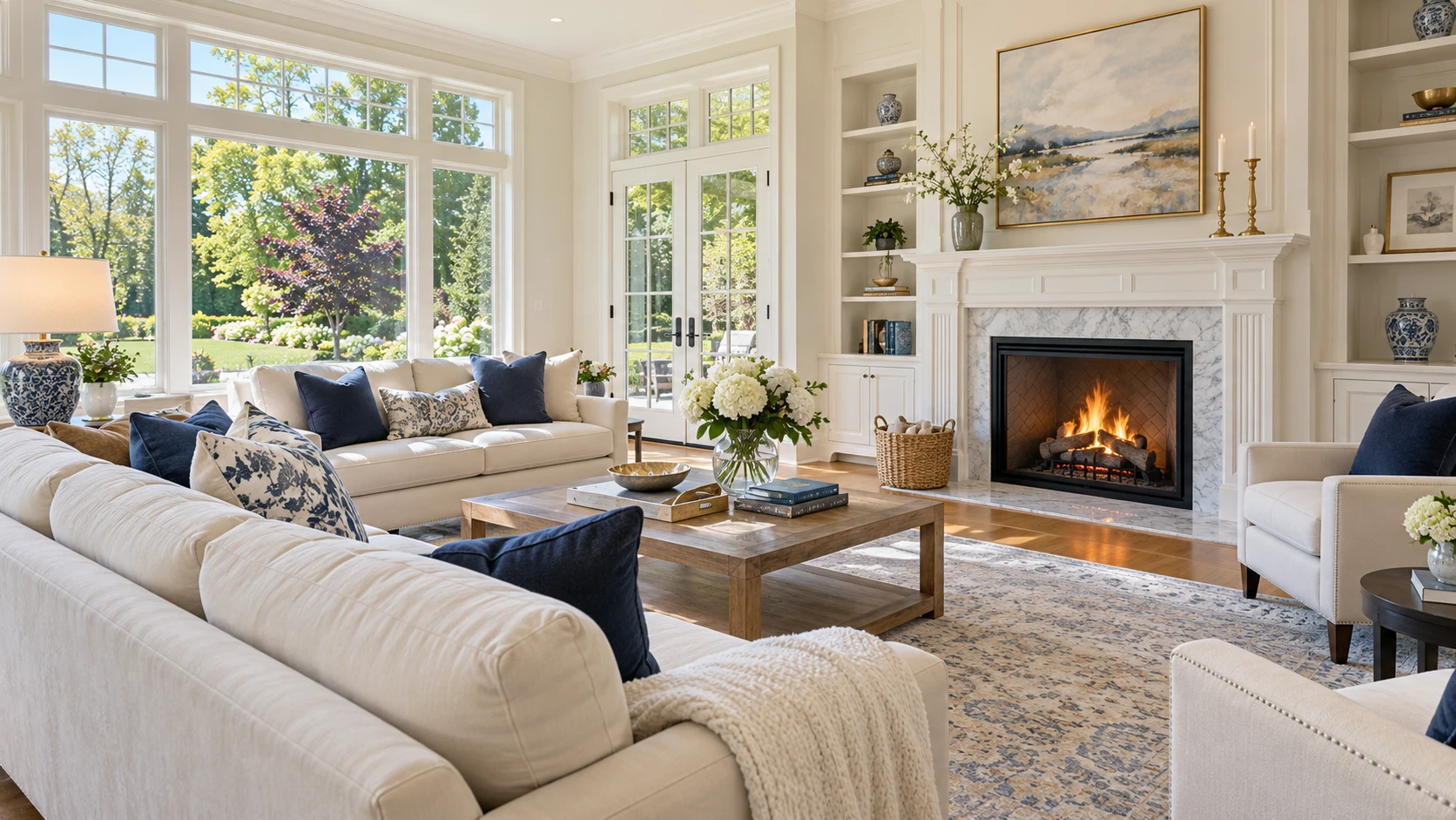 AI illustration: Bright living room with cream sofas, navy accents and garden windows