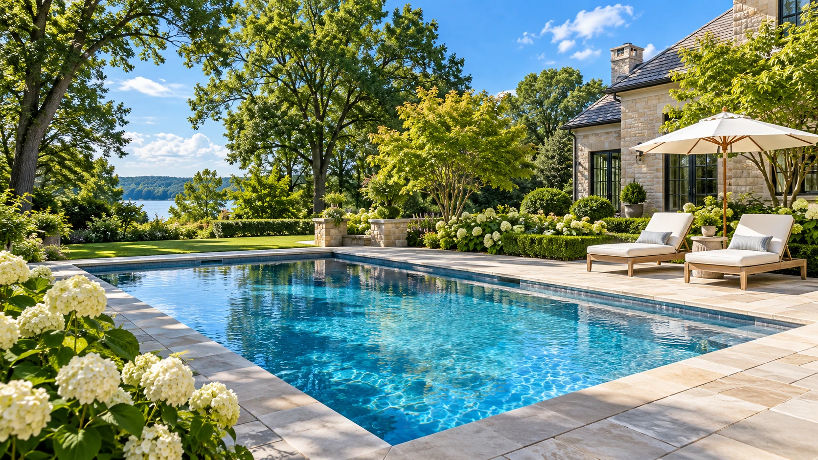 AI illustration: Blue swimming pool with a stone terrace and garden loungers